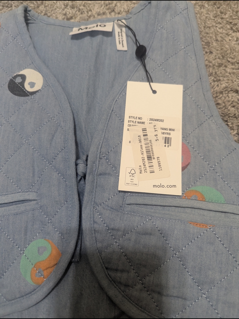 Molo Light Blue Quilted Kids Vest with Multicolor Yin-Yang Prints - Picture 2 of 2